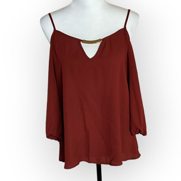 MERAKI Cold Shoulder Blouse Chiffon 3/4 Sleeve Cinnamon Color Size Small - Picture 4 of 10